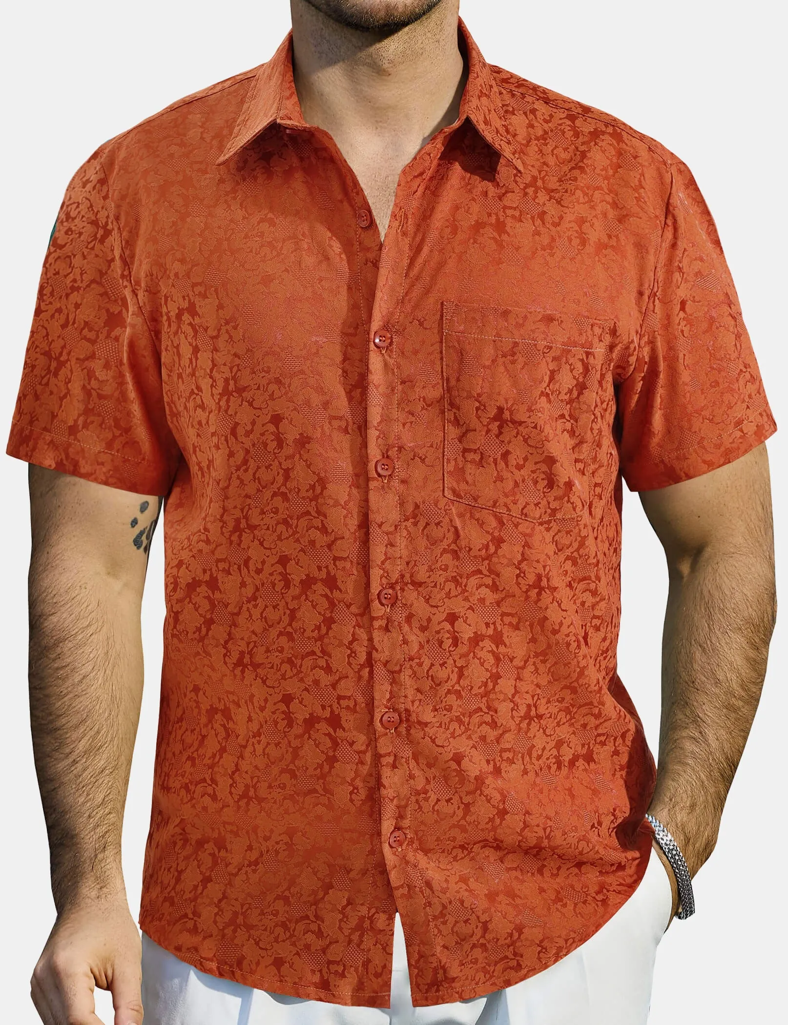 Men's Summer Jacquard Satin Casual Short Sleeve Button Up Shirts