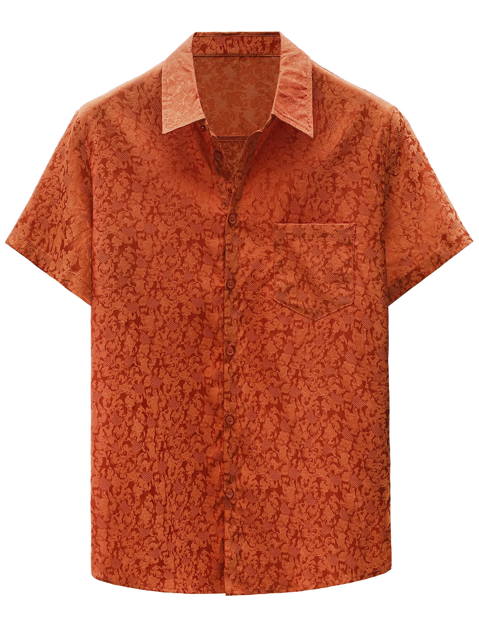 Men's Summer Jacquard Satin Casual Short Sleeve Button Up Shirts