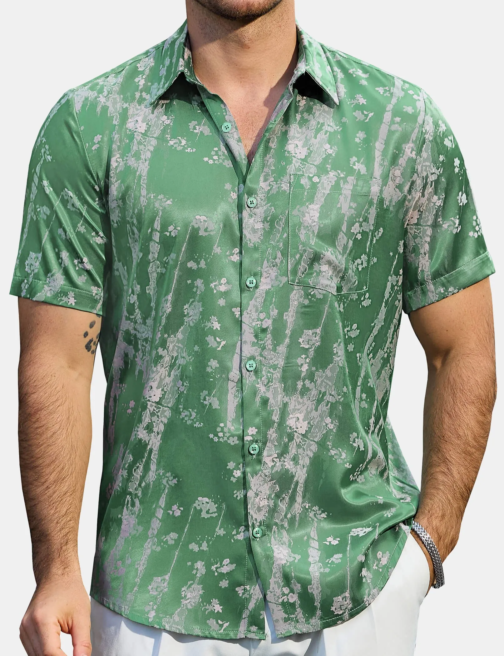 Men's Summer Jacquard Satin Casual Short Sleeve Button Up Shirts