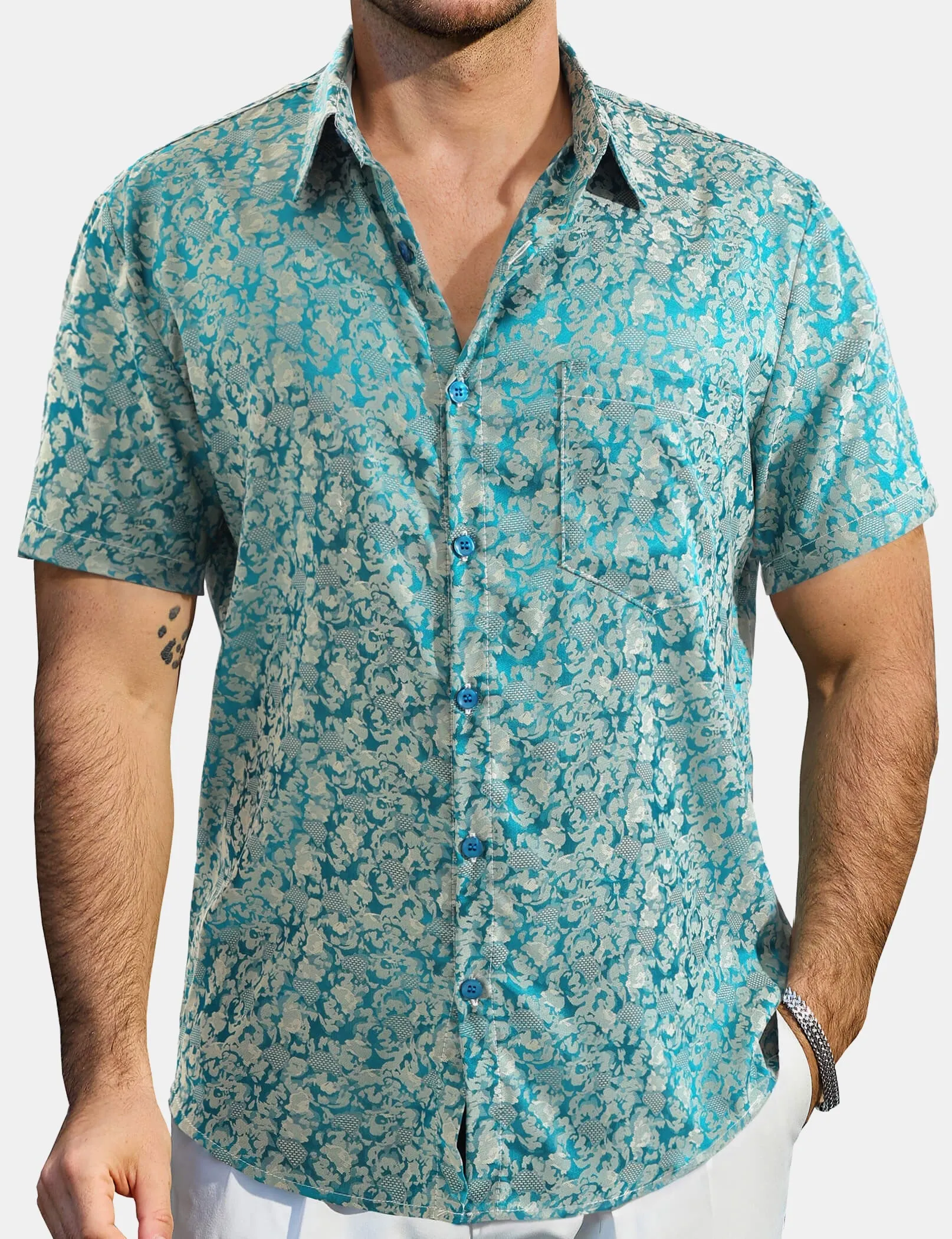 Men's Summer Jacquard Satin Casual Short Sleeve Button Up Shirts