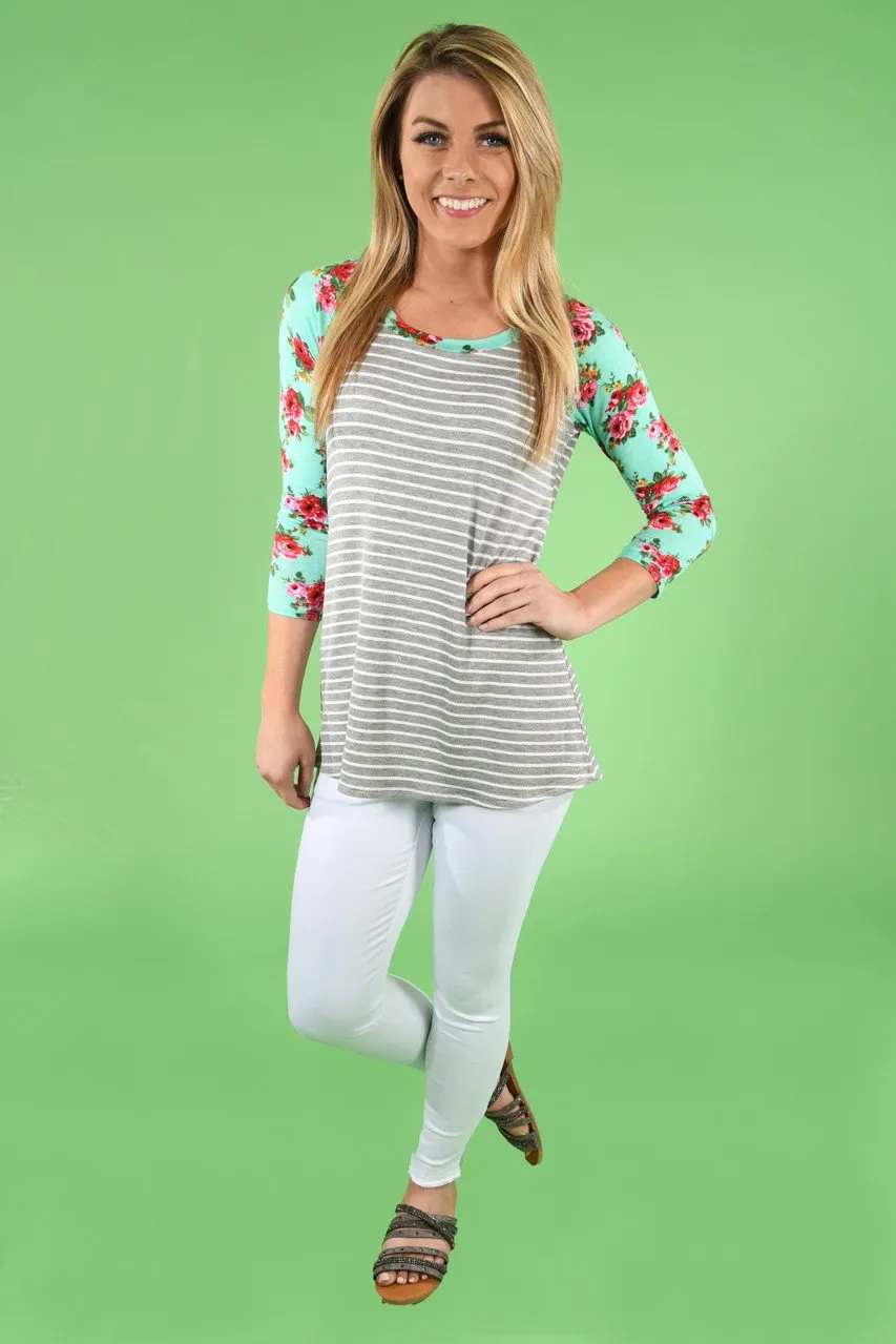 Mint Floral and Grey 3/4 Sleeve Top
