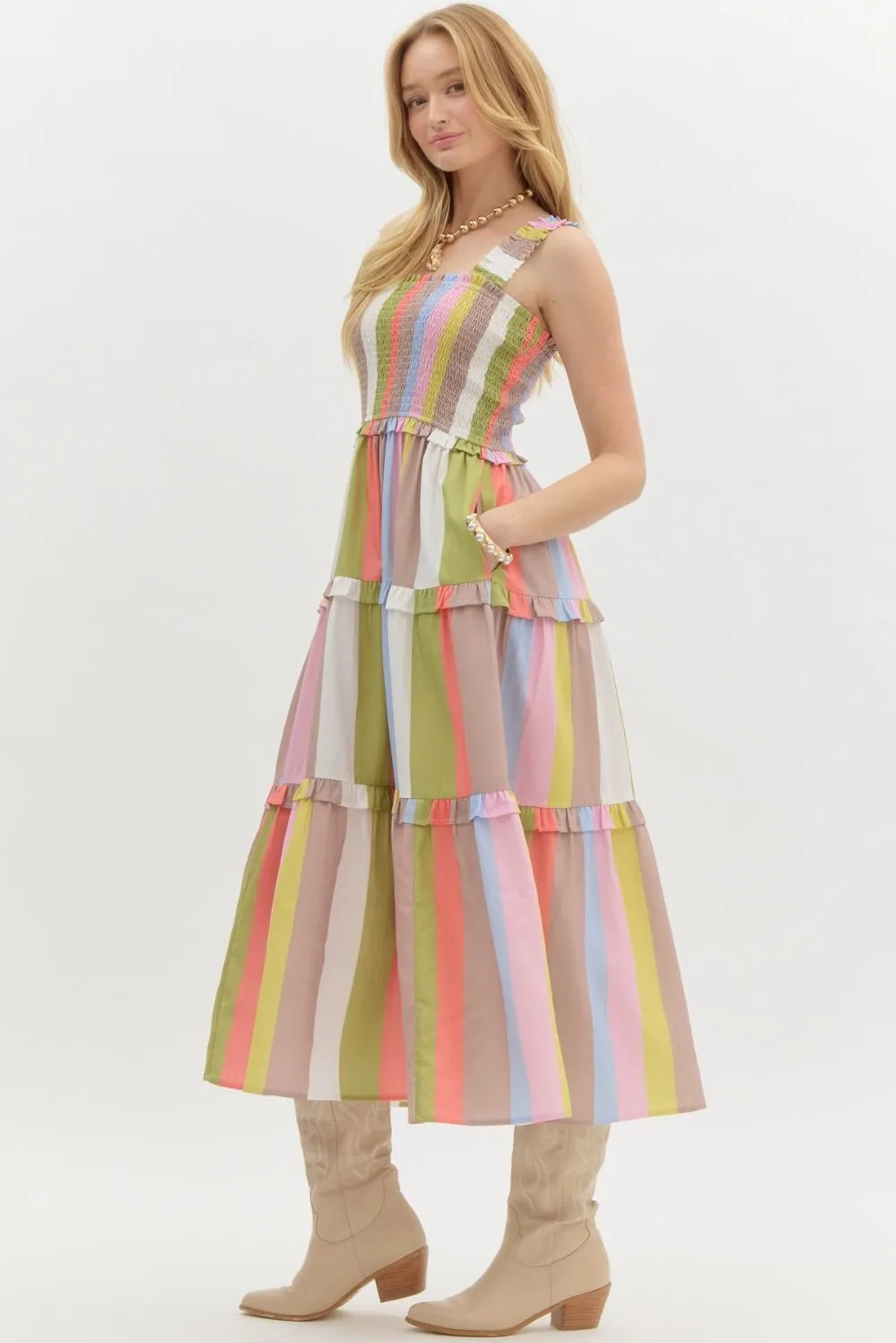 Multicolor Striped Tier Midi Dress