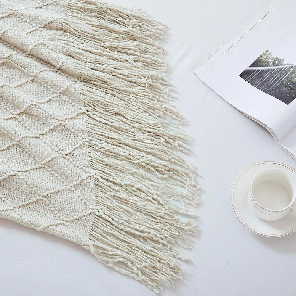 New Bourina Textured Solid Ultra Soft Knitted Decorative Blanket, 60" x 80",Beige, Retails $70 