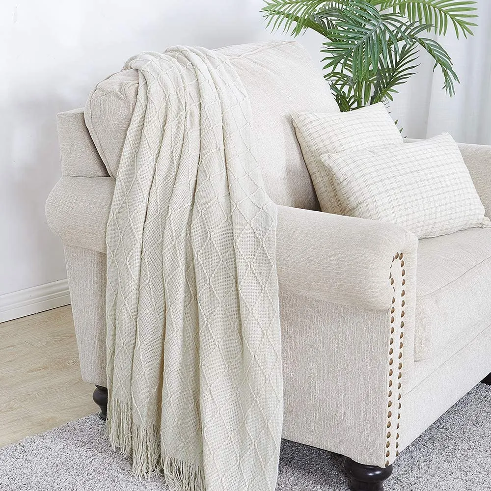 New Bourina Textured Solid Ultra Soft Knitted Decorative Blanket, 60" x 80",Beige, Retails $70 