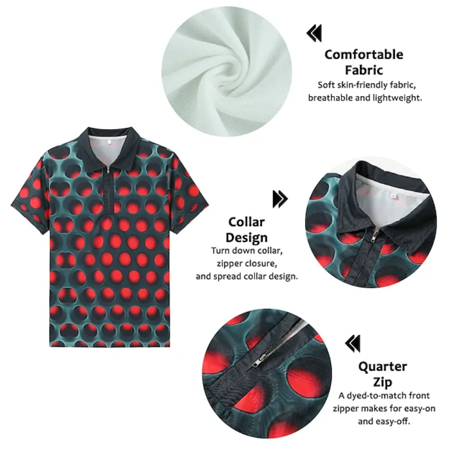 NEW Men's Polo Shirt Golf Shirt Optical Illusion Turndown Red Blue Purple Orange Green 3D Print Outdoor Street Short Sleeves Zipper Print Clothing Apparel Fashion Designer Casual Breathable, Sz L, Retails $73