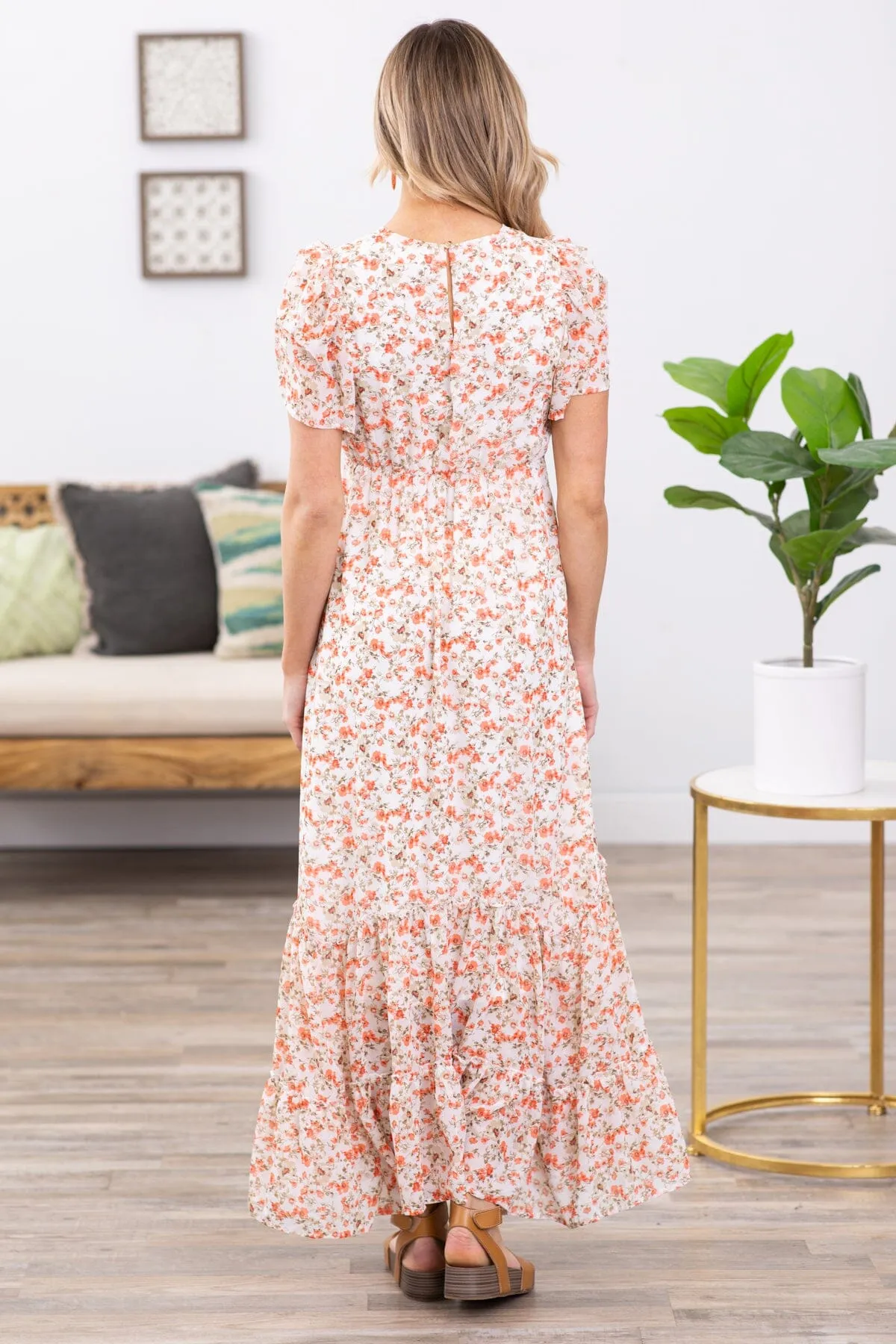 Off White Floral Short Sleeve Maxi Dress