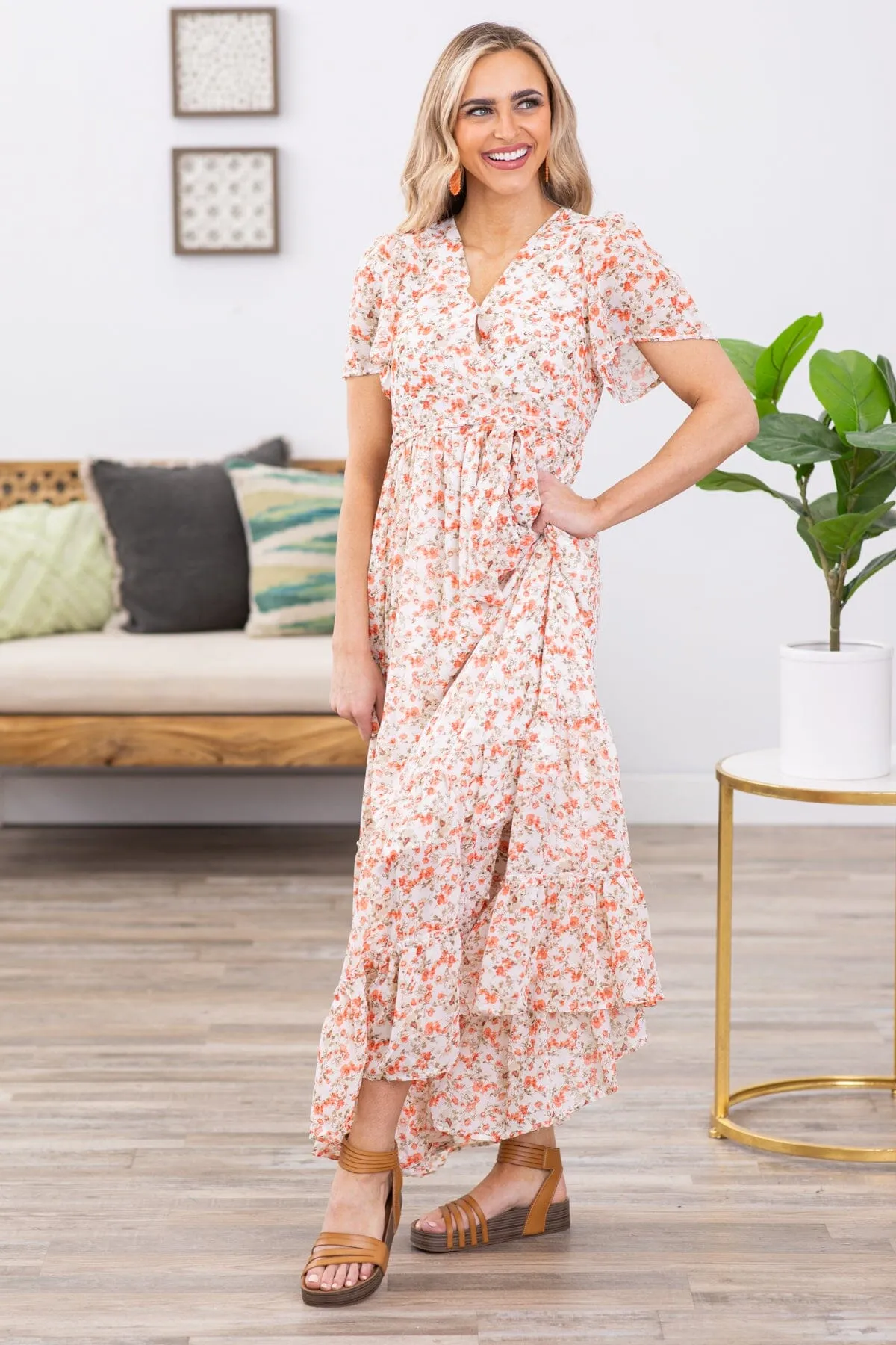 Off White Floral Short Sleeve Maxi Dress