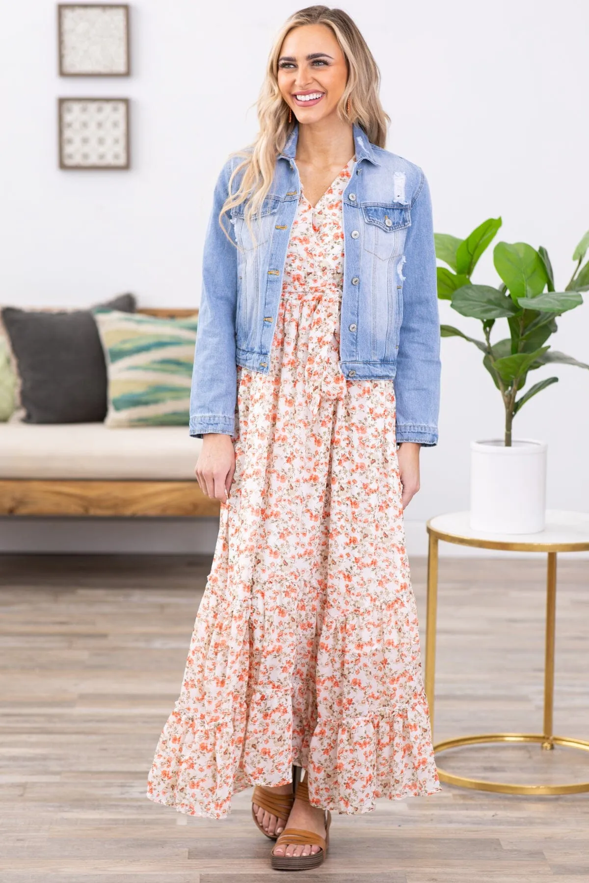 Off White Floral Short Sleeve Maxi Dress