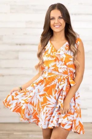 Orange Palm Print Self Tie Waist Dress