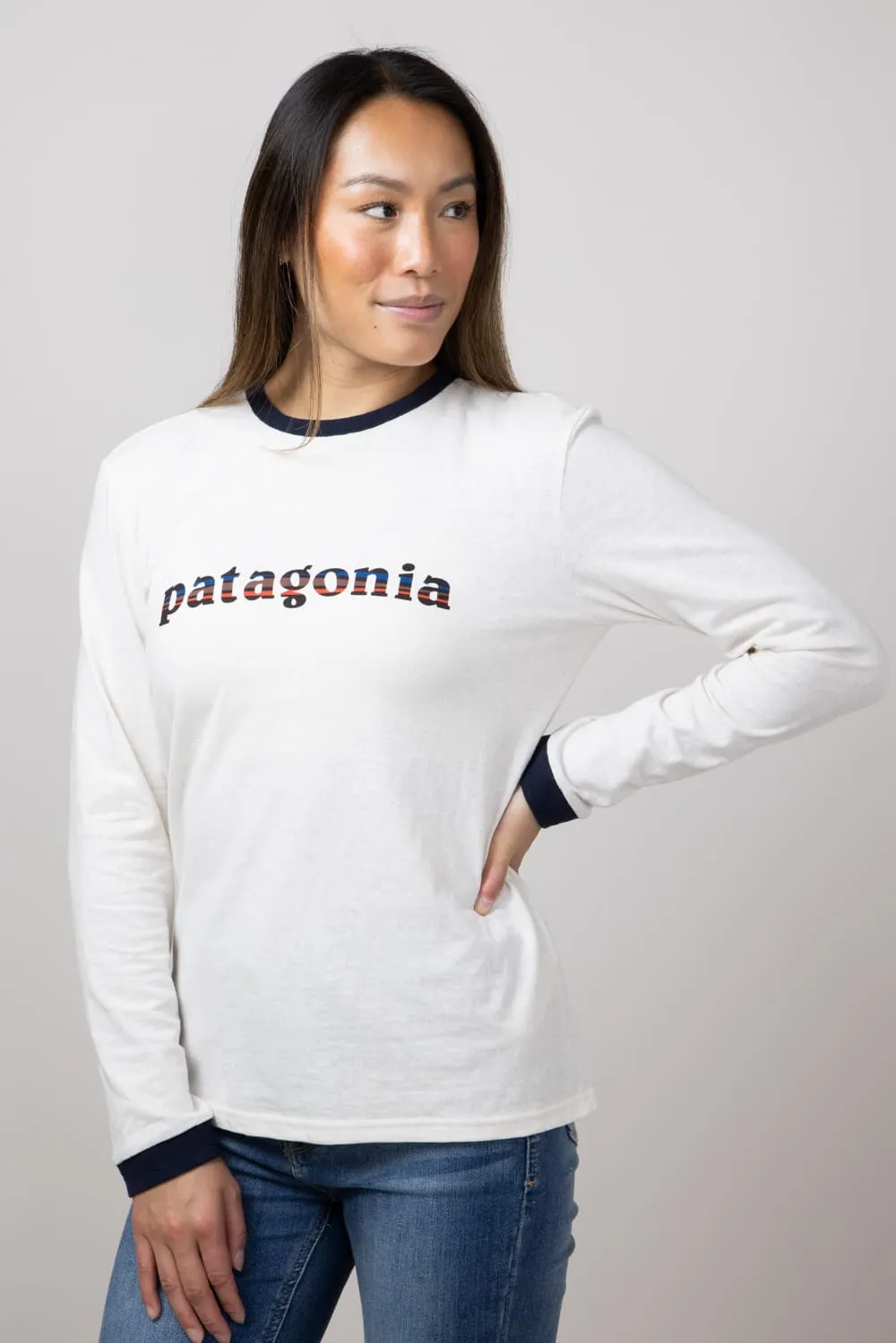 Patagonia Women’s Long Sleeve 73 Logo Responsibili-Tee in Birch White | 37787-BCW