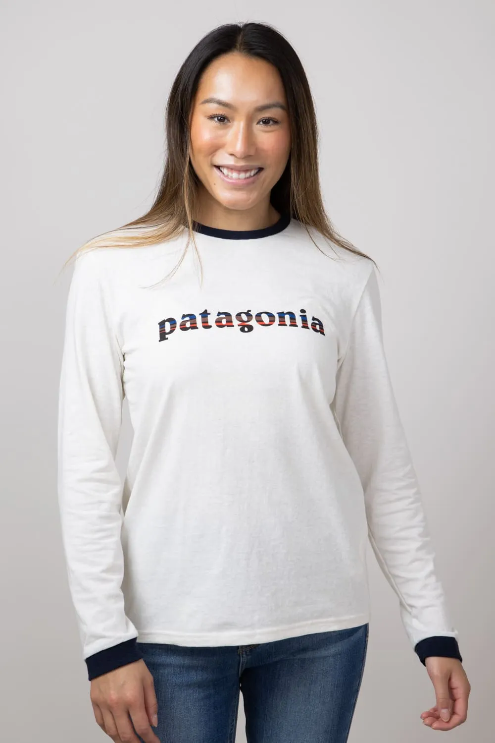 Patagonia Women’s Long Sleeve 73 Logo Responsibili-Tee in Birch White | 37787-BCW