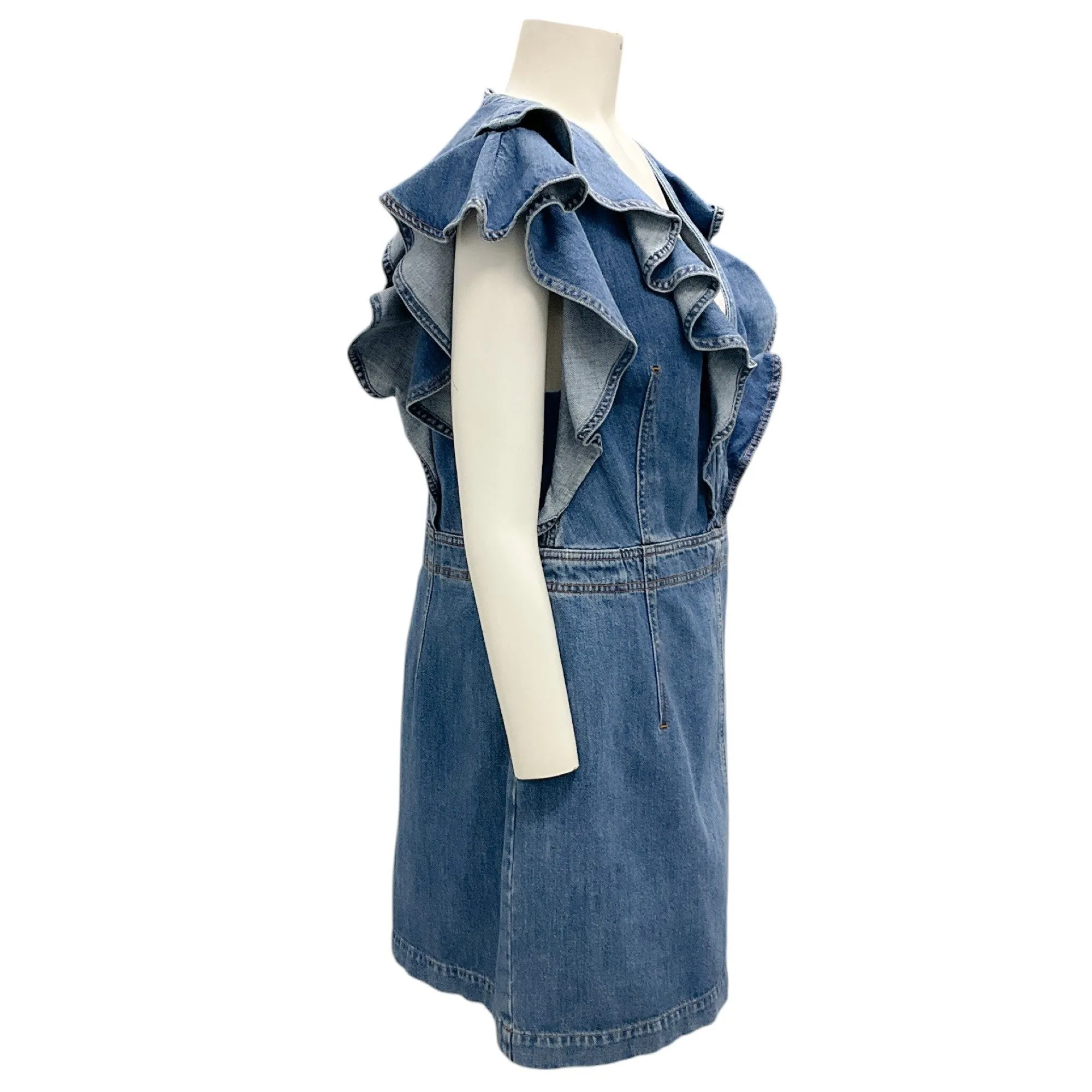 Philosophy di Lorenzo Serafini Blue 2019 Deep V Neck Denim Ruffle Mini Dress