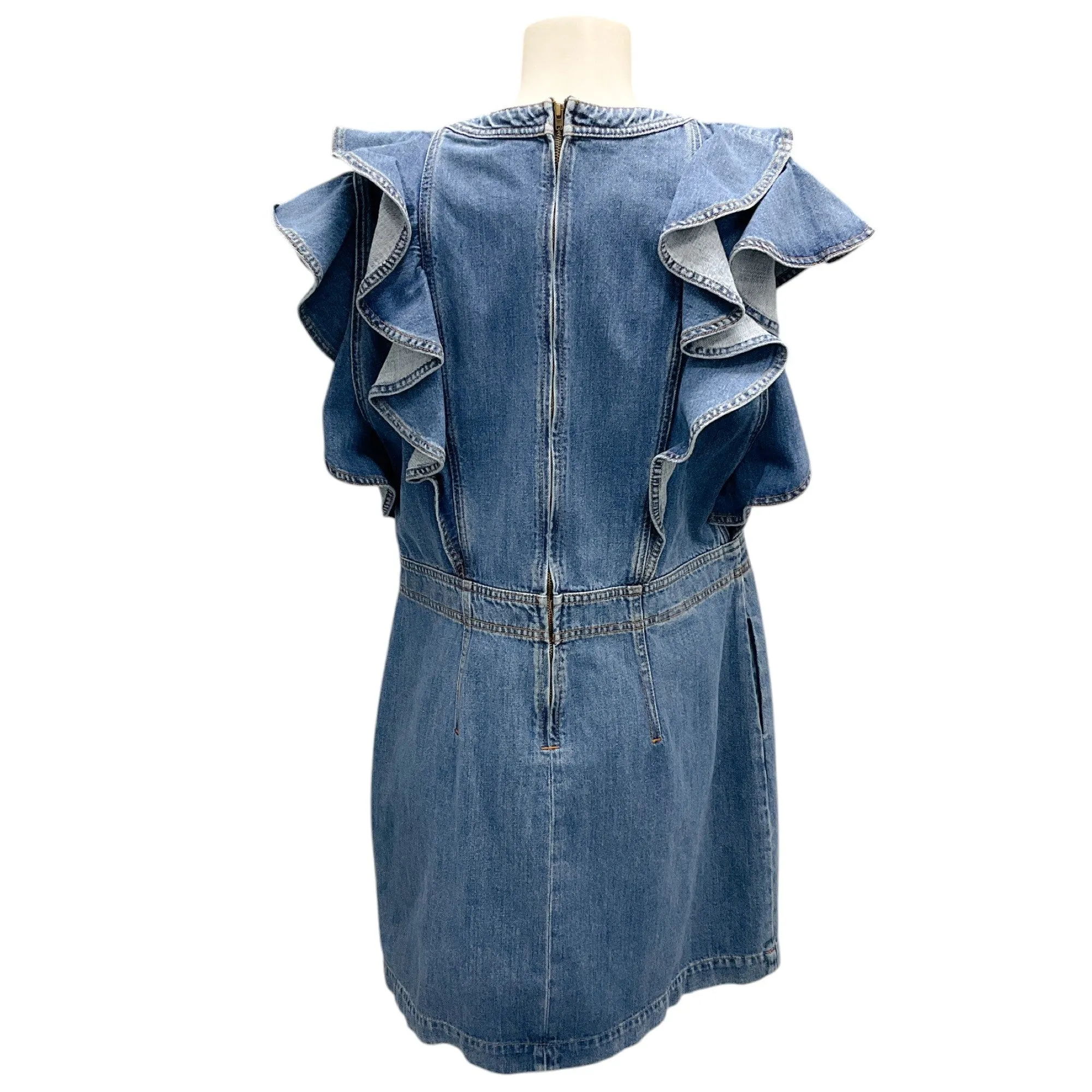 Philosophy di Lorenzo Serafini Blue 2019 Deep V Neck Denim Ruffle Mini Dress