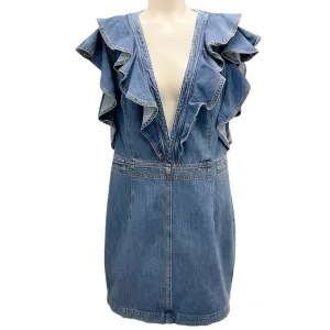 Philosophy di Lorenzo Serafini Blue 2019 Deep V Neck Denim Ruffle Mini Dress