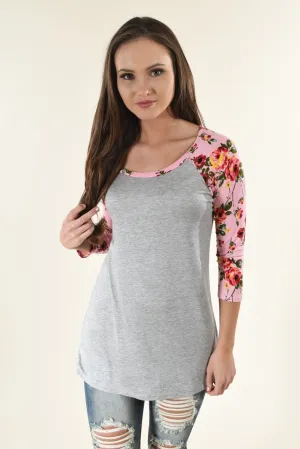 Pink Floral and Grey 3/4 Sleeve Top