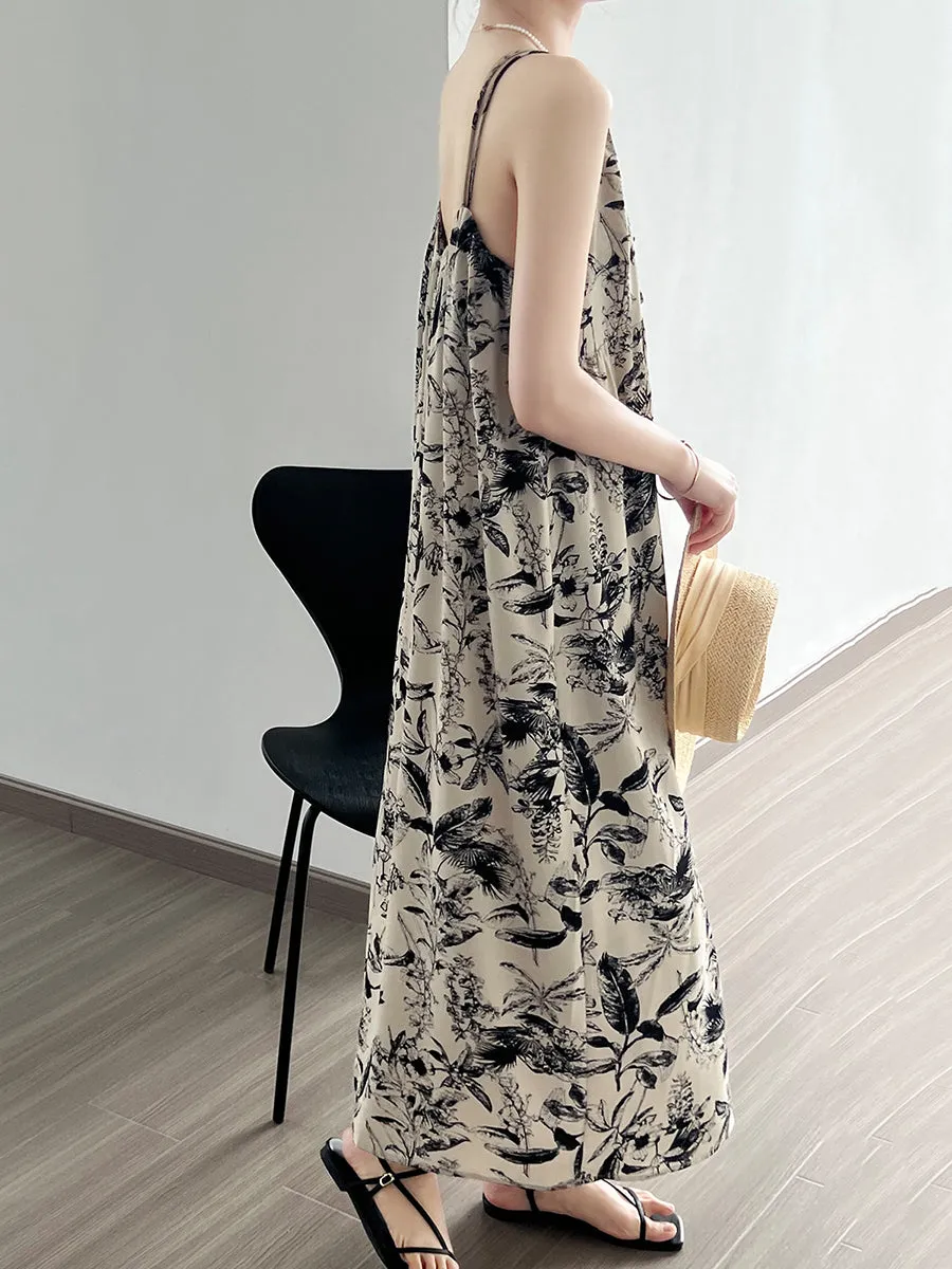 Plus Size Women Summer Artsy Floral Ink-print Vest Dress