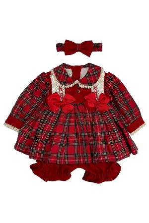 "Dolly" Red Tartan Smocked Dress, Bloomers & Headband