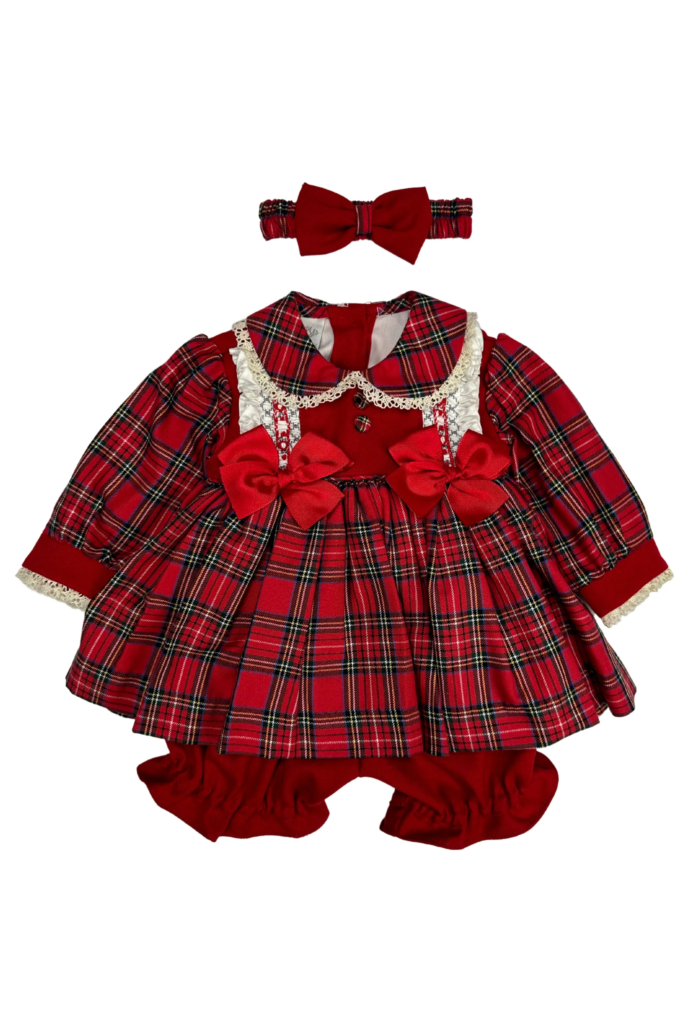 "Dolly" Red Tartan Smocked Dress, Bloomers & Headband