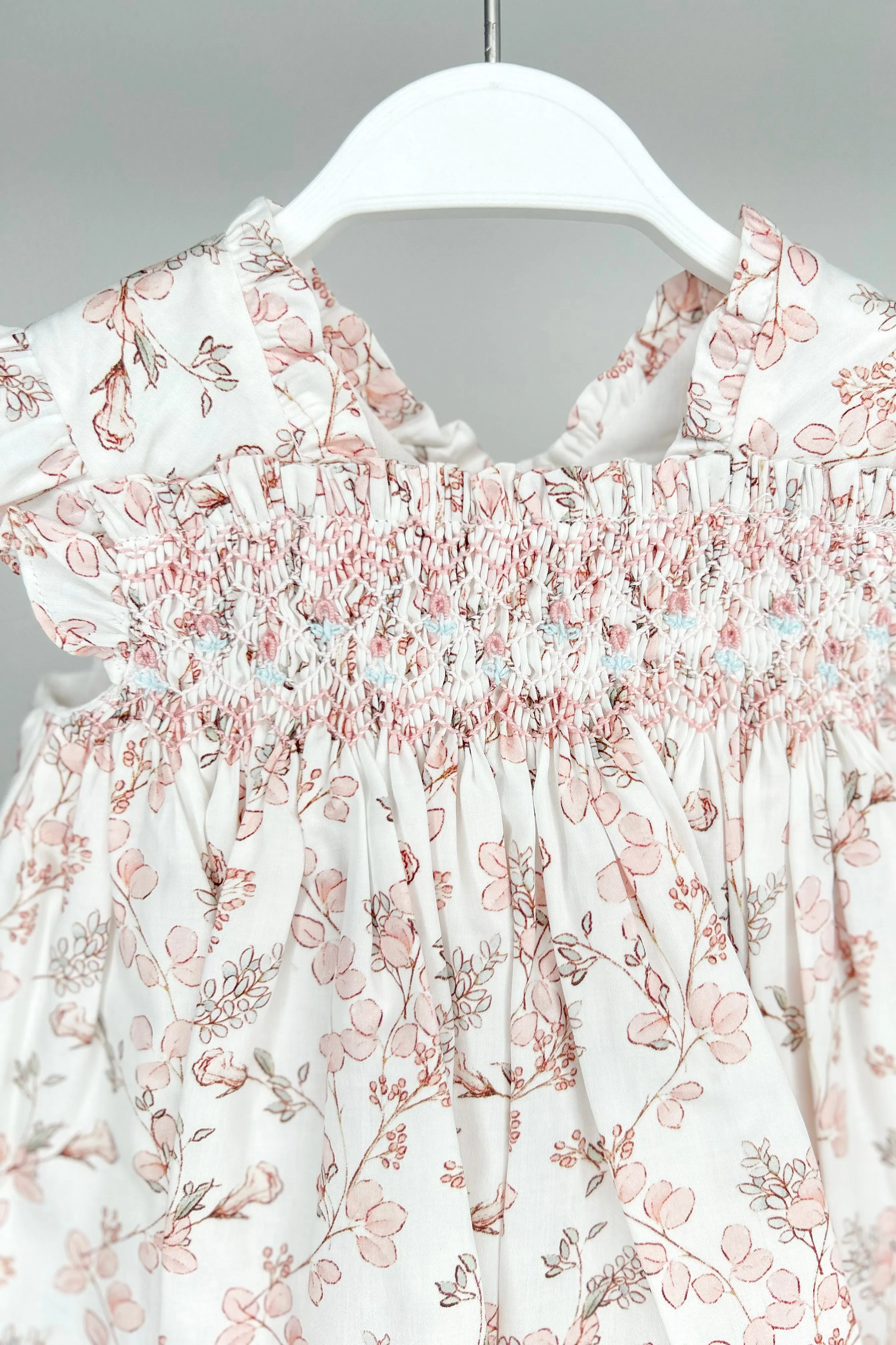 "Liora" Pale Pink Floral Smocked Dress & Bloomers