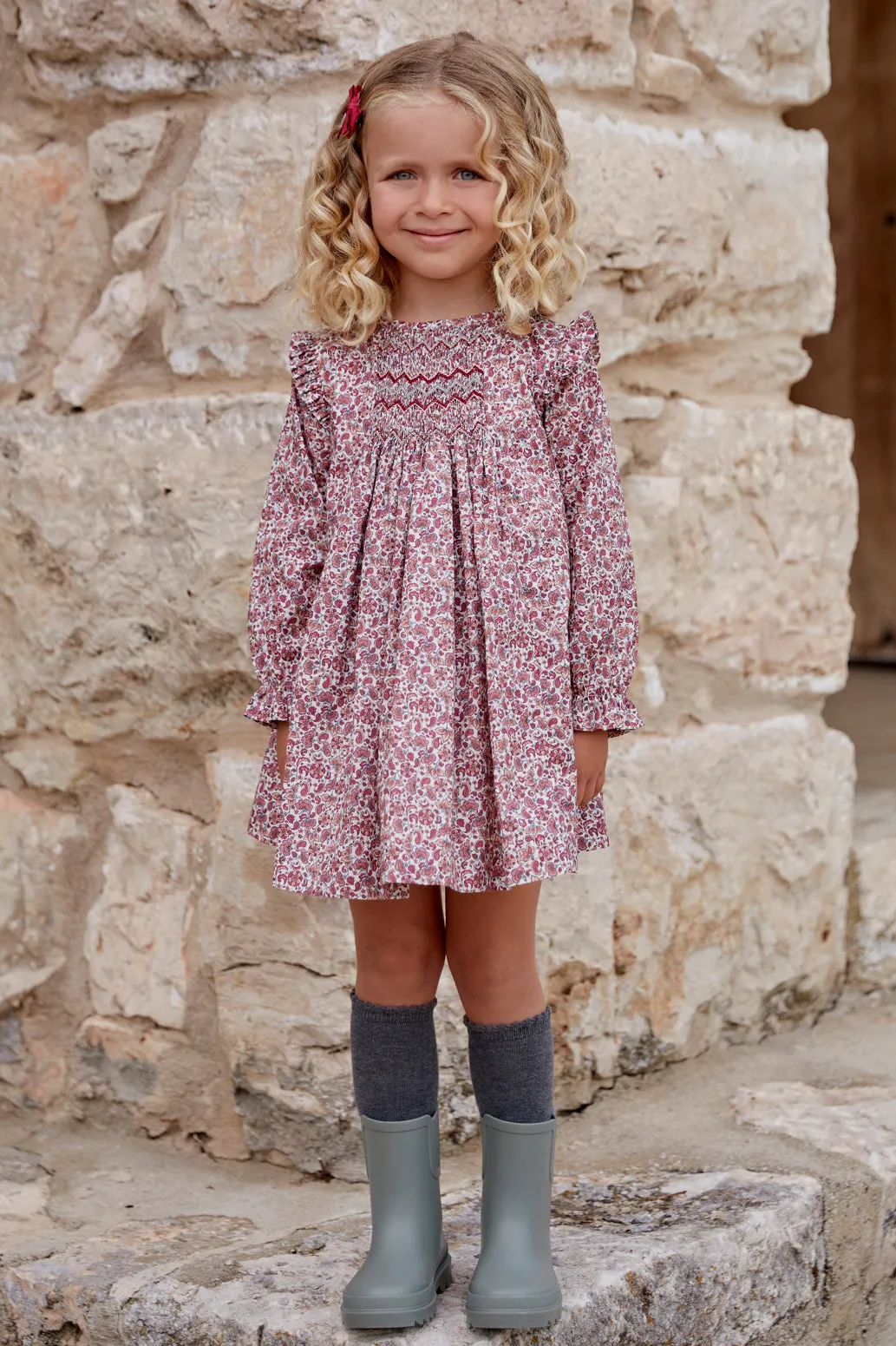 "Mia" Burgundy Smocked Floral Dress