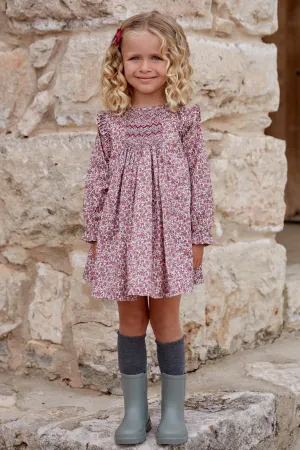 "Mia" Burgundy Smocked Floral Dress