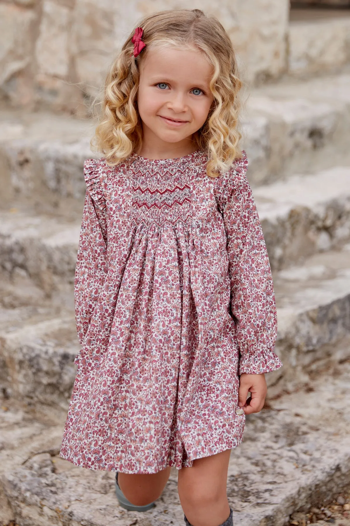 "Mia" Burgundy Smocked Floral Dress