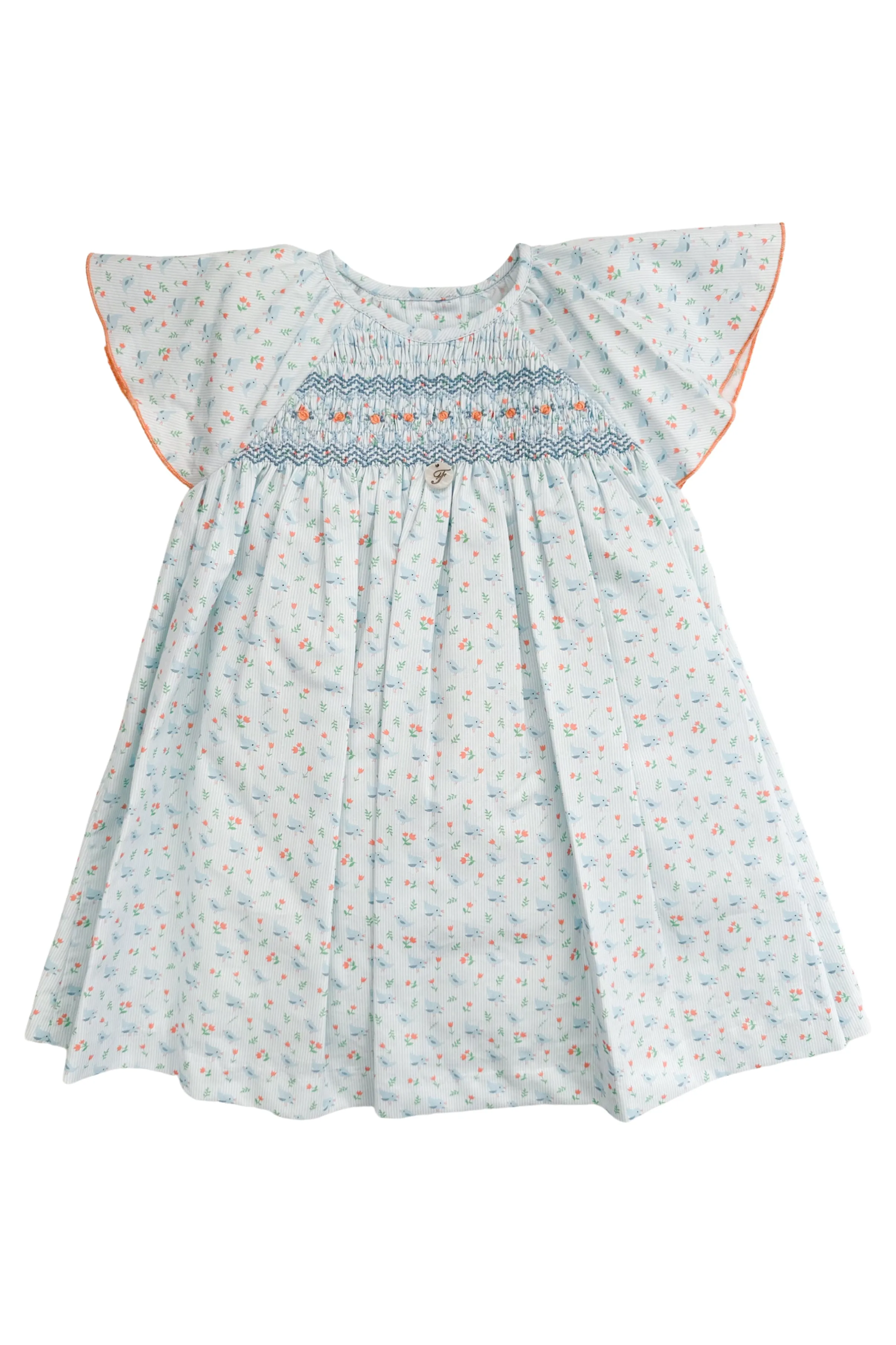 "Nova" Blue Bird Print Smocked Dress