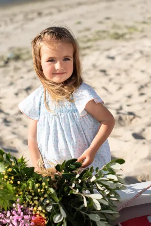 "Nova" Blue Bird Print Smocked Dress