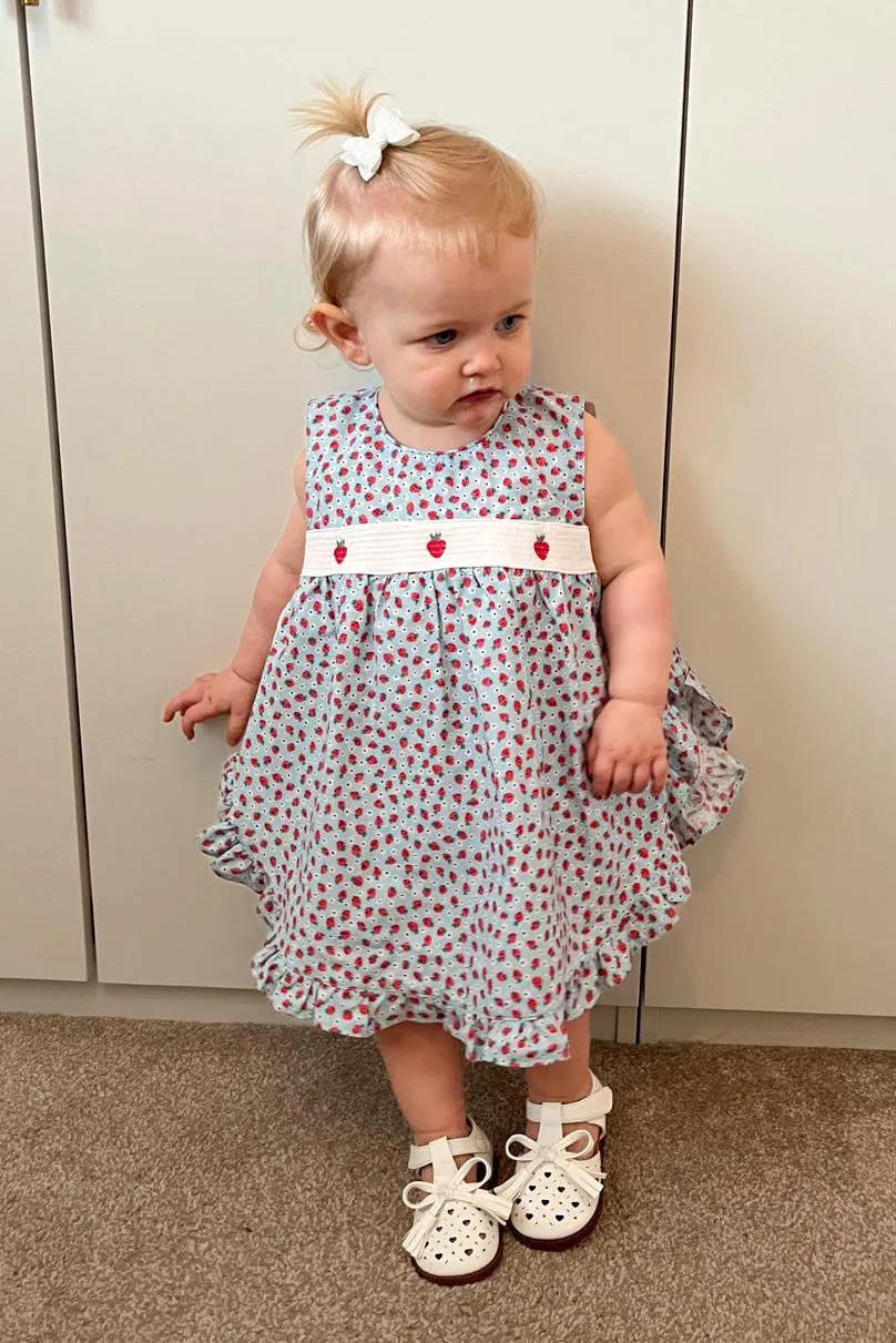"Poppy" Blue Smocked Strawberry Dress & Bloomers