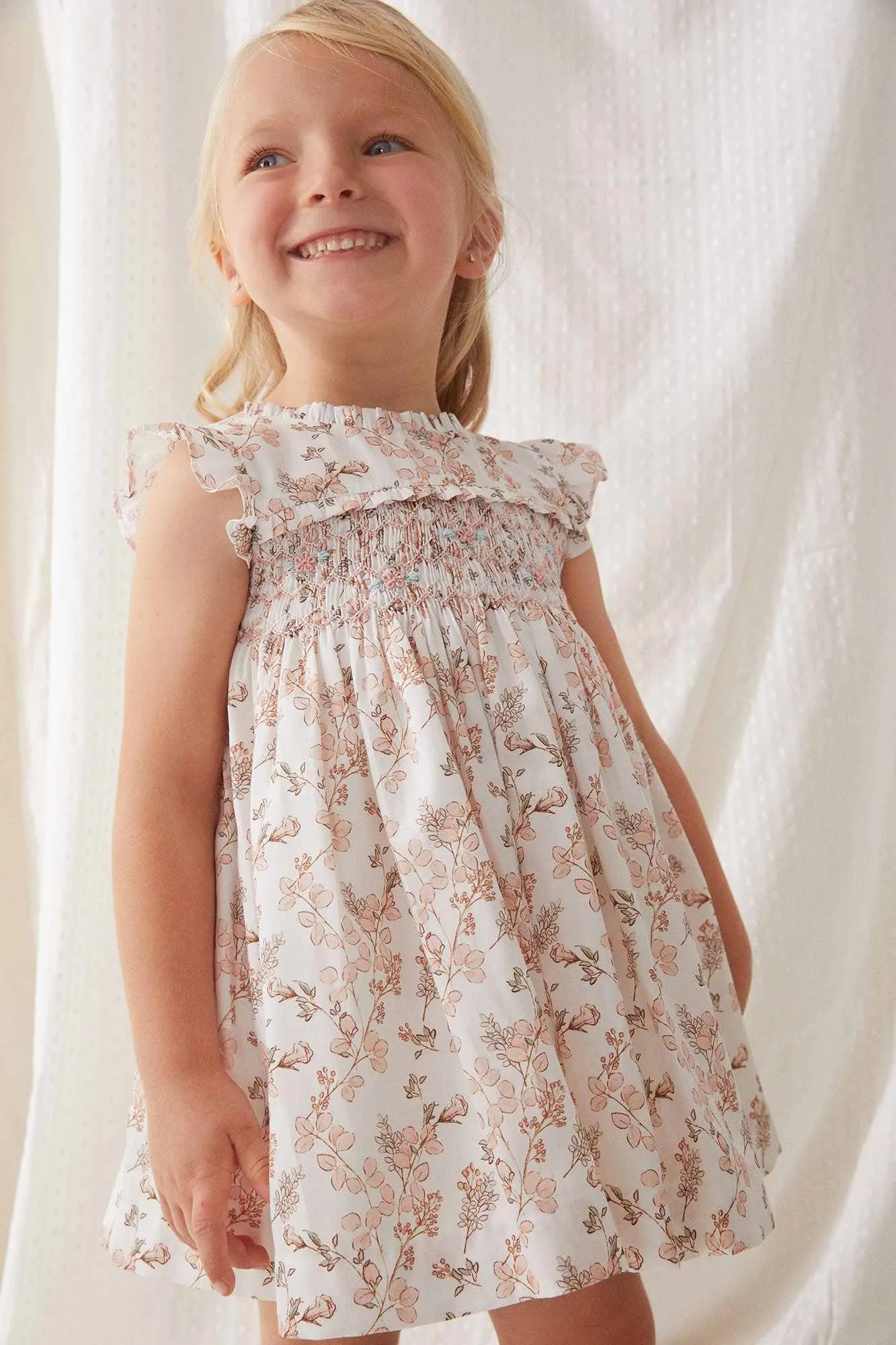 "Sybil" Pale Pink Floral Smocked Dress