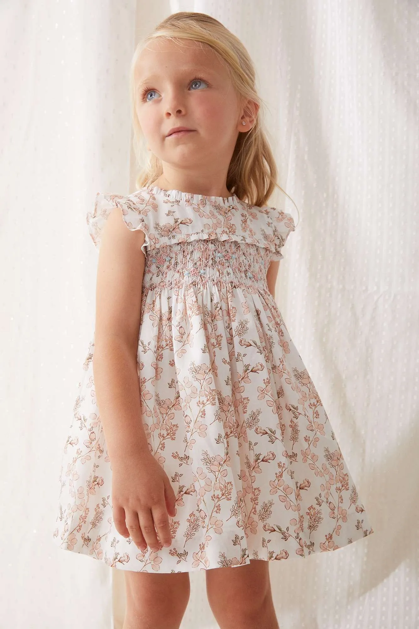 "Sybil" Pale Pink Floral Smocked Dress