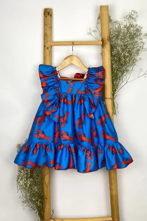 "Xanthe" Blue & Red Lobster Print Dress