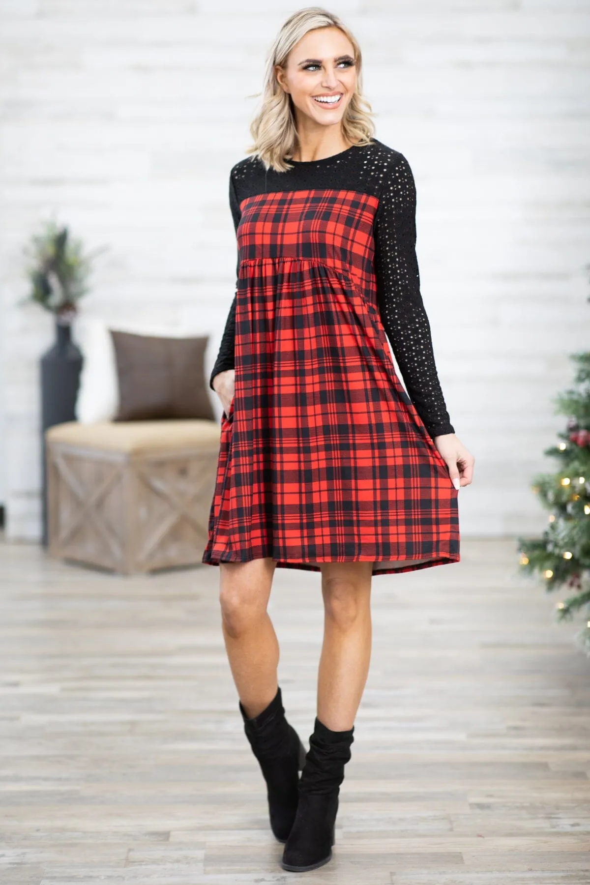 Red and Black Plaid Lace Sleeve Dress
