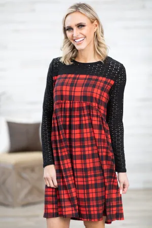 Red and Black Plaid Lace Sleeve Dress