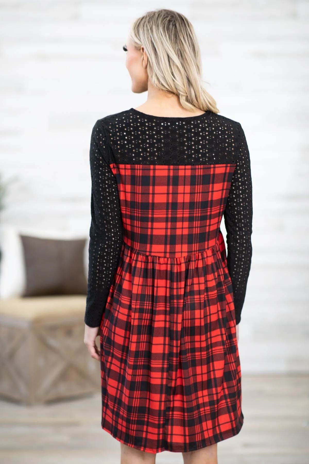 Red and Black Plaid Lace Sleeve Dress