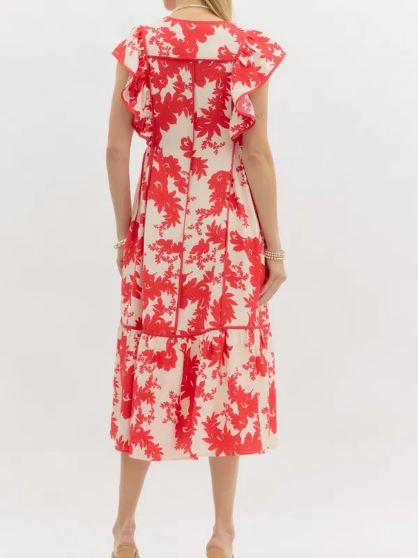 Red   Cream Floral Midi Dress