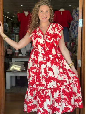 Red   Cream Floral Midi Dress
