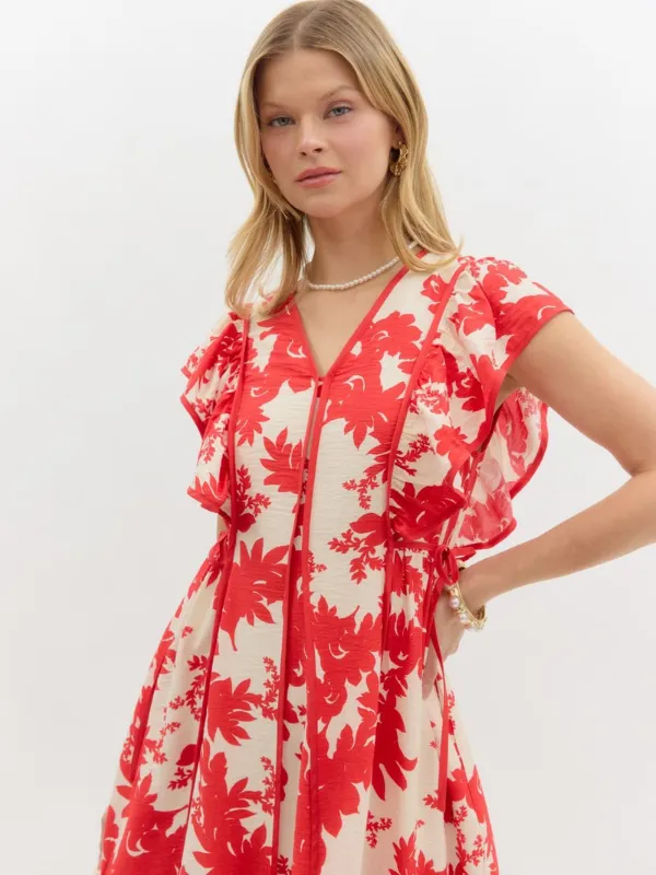 Red   Cream Floral Midi Dress