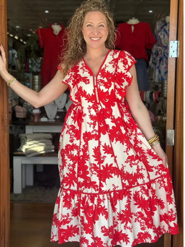 Red   Cream Floral Midi Dress