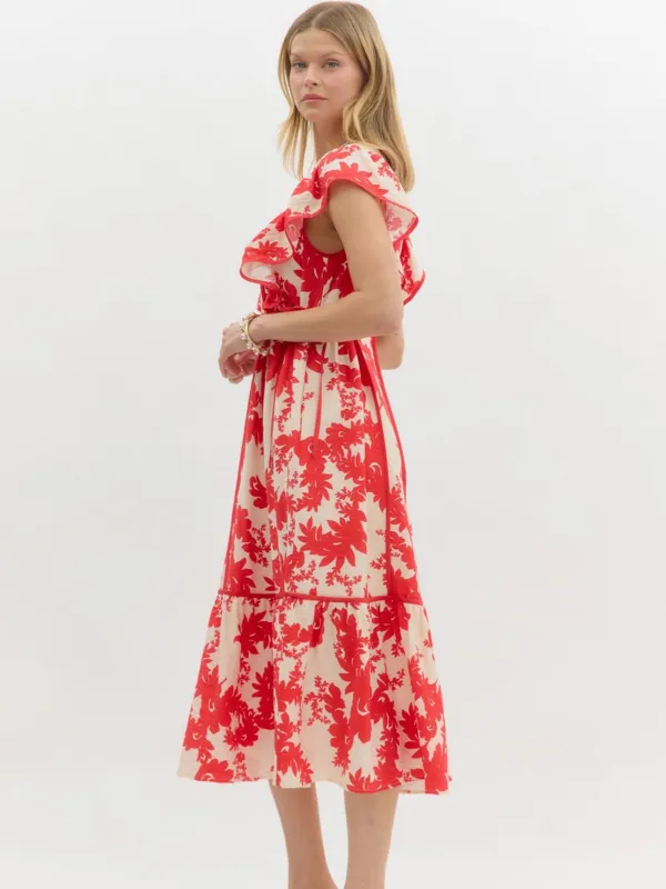 Red   Cream Floral Midi Dress
