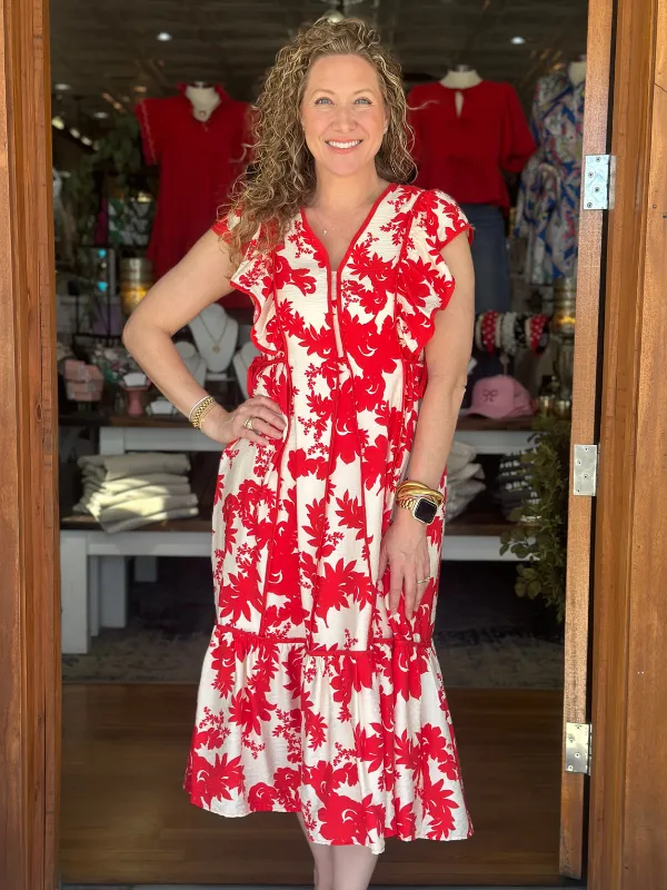 Red   Cream Floral Midi Dress