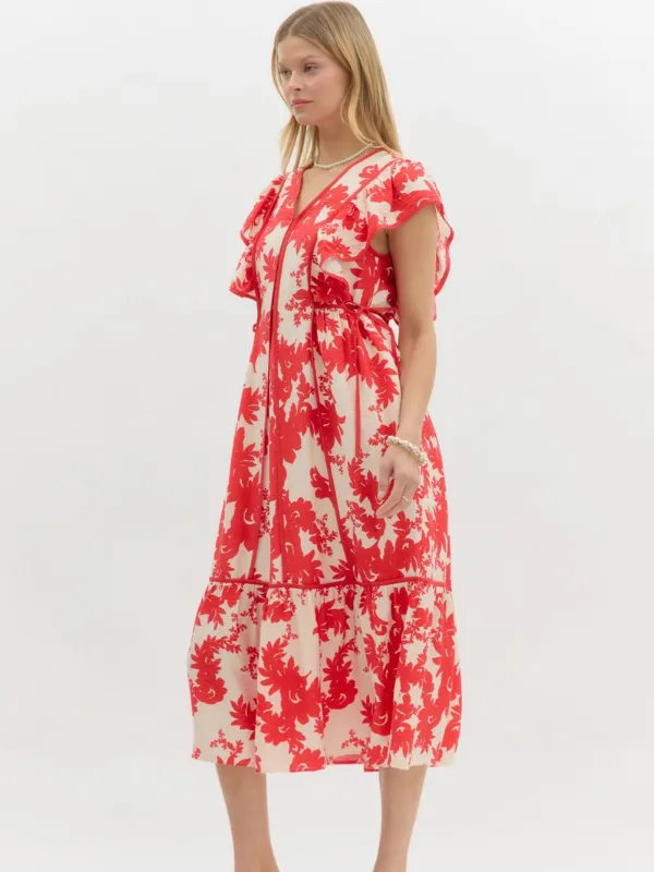 Red   Cream Floral Midi Dress