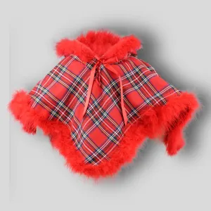 Red Tartan Cape with Maribu Feather Trim