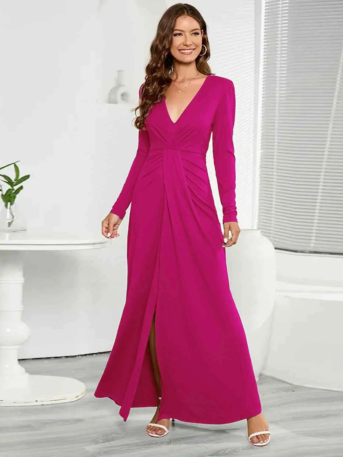 Regina V-Neck Long Sleeve Split Dress