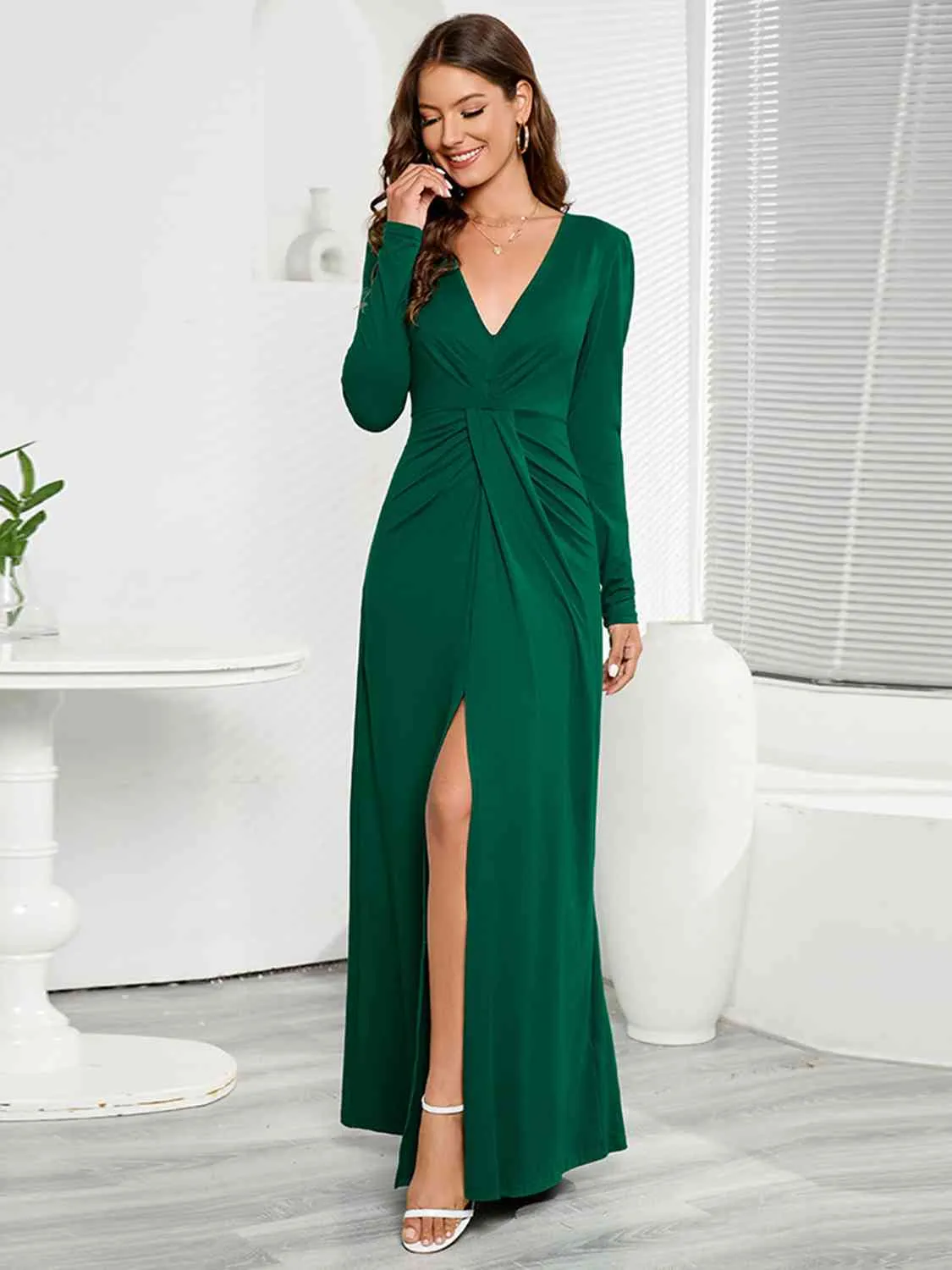 Regina V-Neck Long Sleeve Split Dress