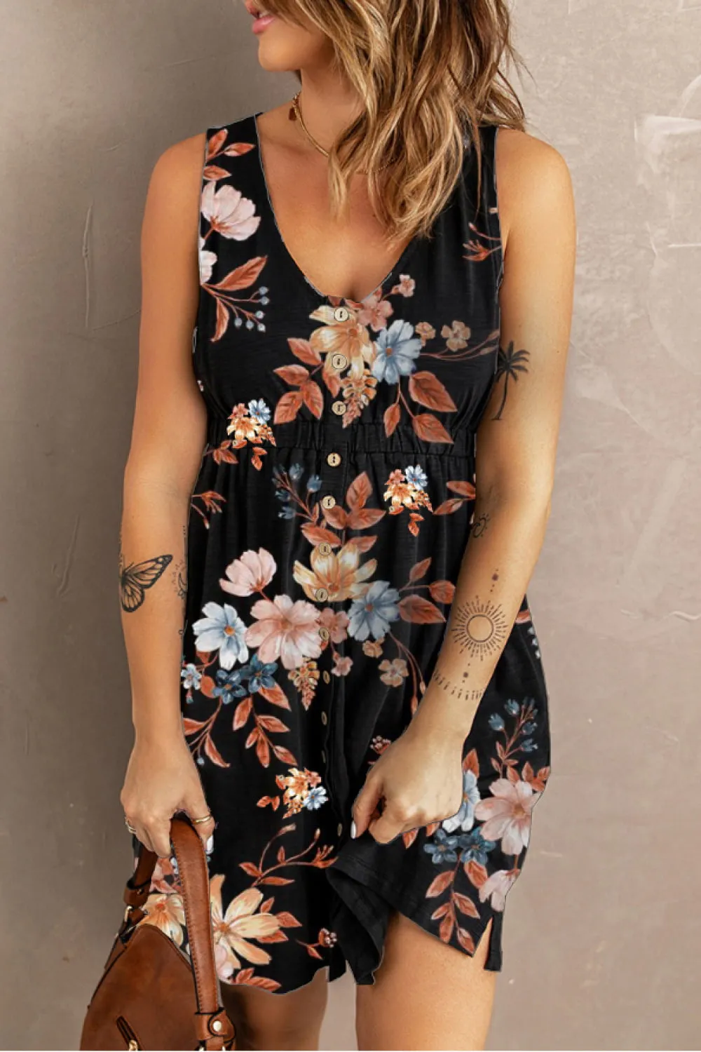 Rosie Printed Scoop Neck Sleeveless Buttoned Magic Dress