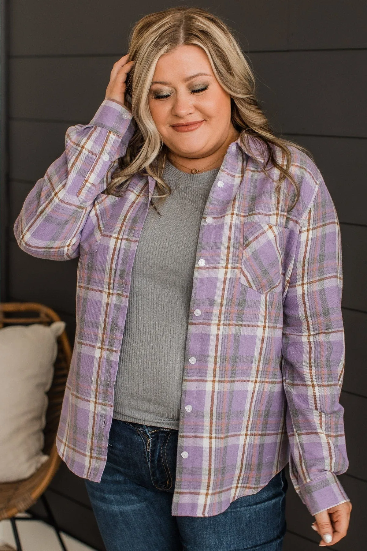 Running To You Plaid Button Top- Lavender & Grey