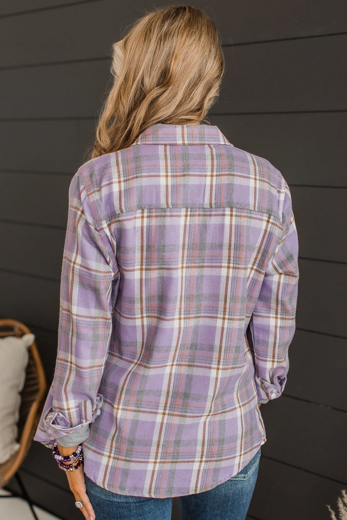 Running To You Plaid Button Top- Lavender & Grey