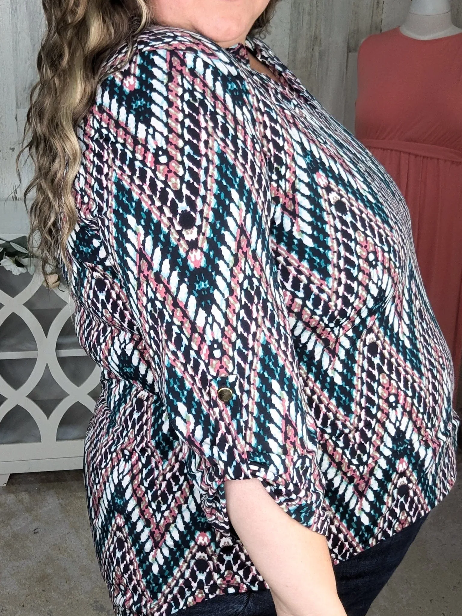 Scottie Vneck Blouse in Teal   Berry Zigzag