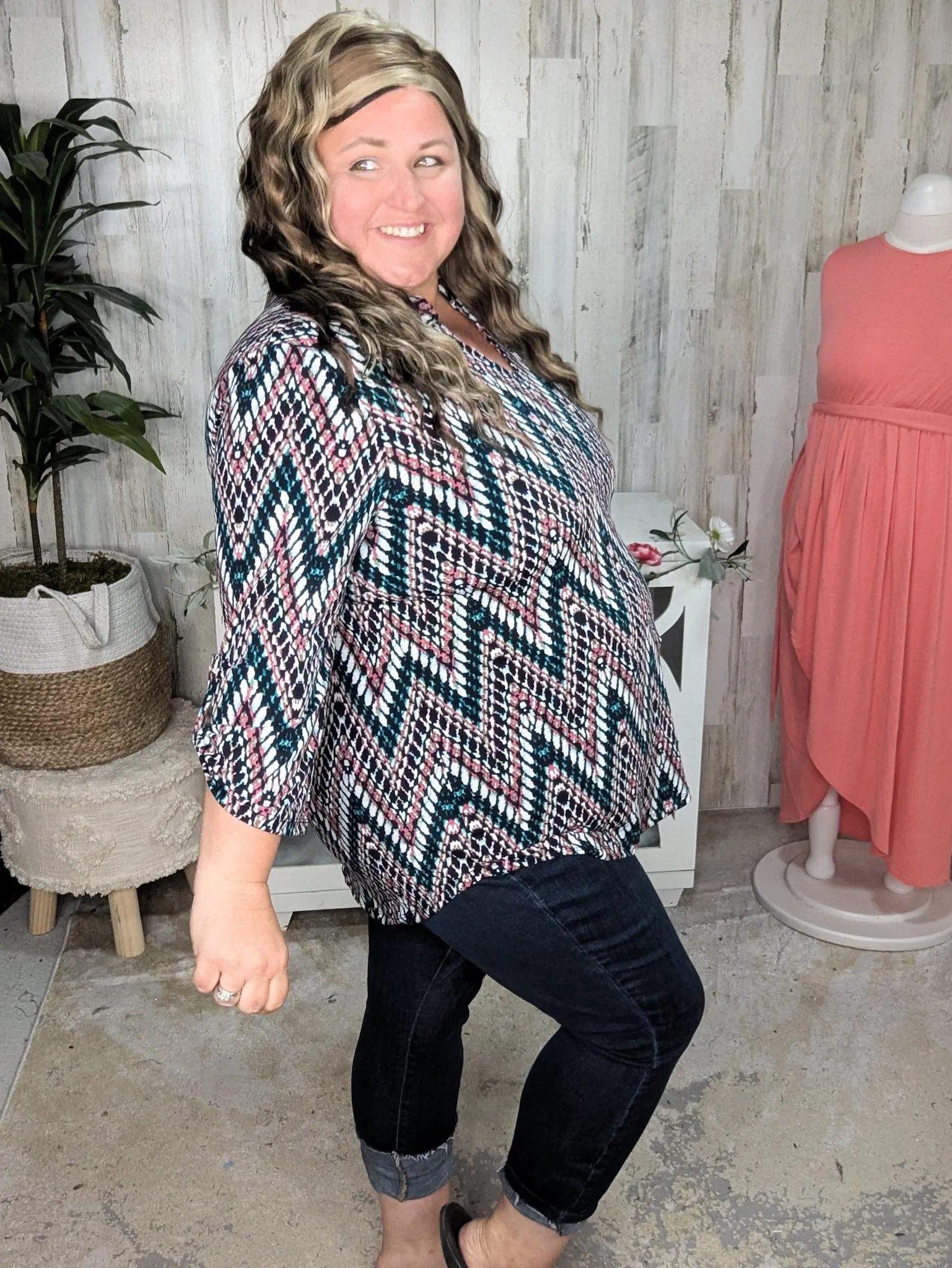 Scottie Vneck Blouse in Teal   Berry Zigzag